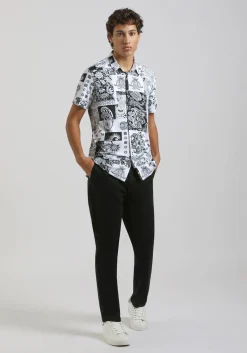 Camicia mezza manica in tessuto elastico con fantasia