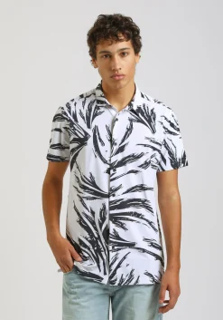 Camicia mezza manica in tessuto elastico con fantasia