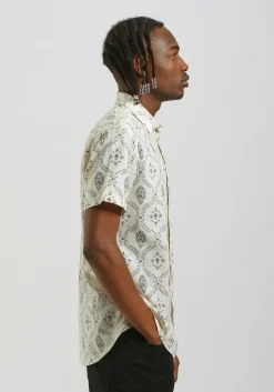 Camicia mezza manica misto lino cotone con fantasia