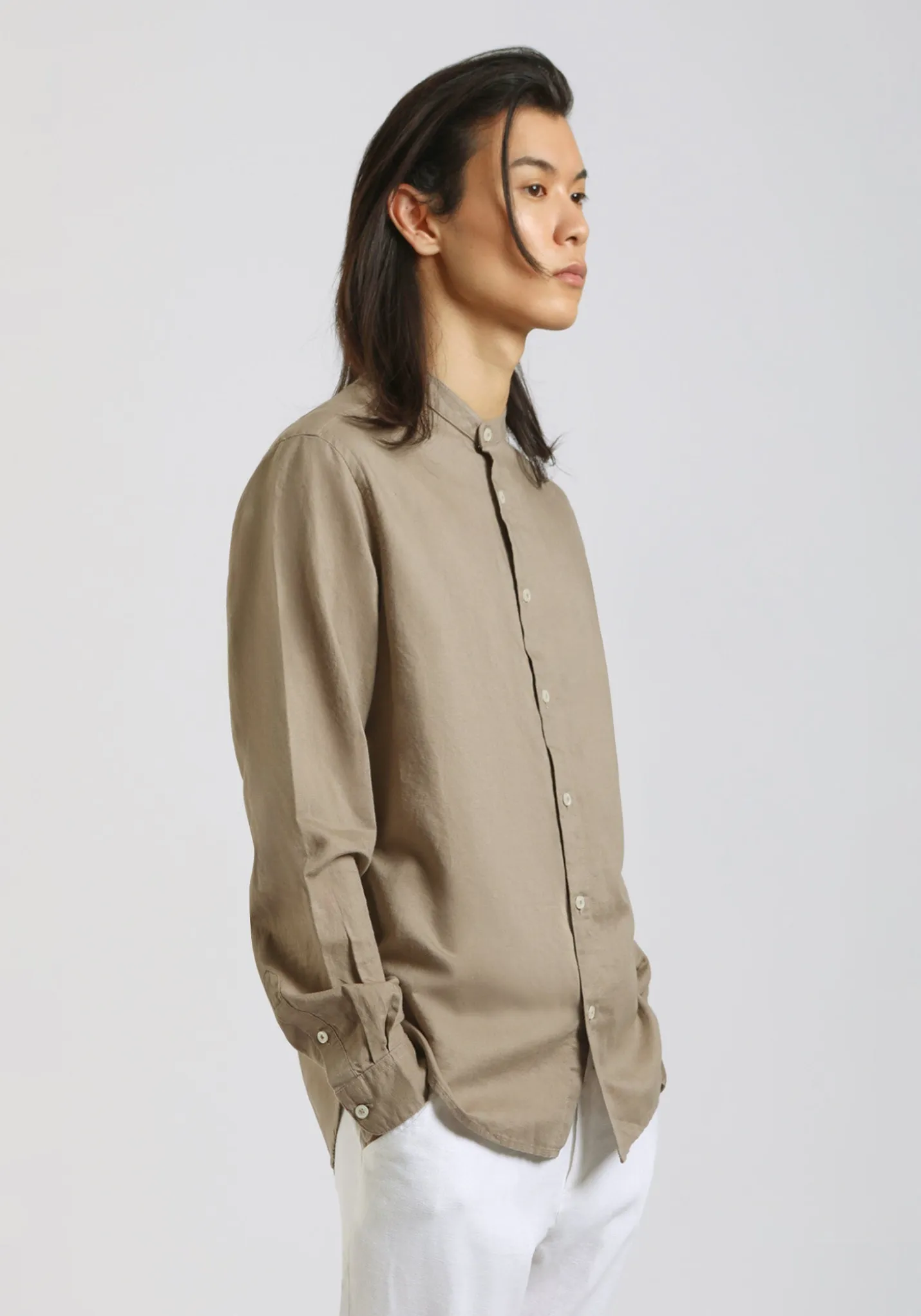 Camicia misto lino con collo coreano